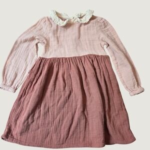 City Mouse Kids Pink Colorblock Cotton Gauze Long Sleeve Dress 6Y Boho Cottage